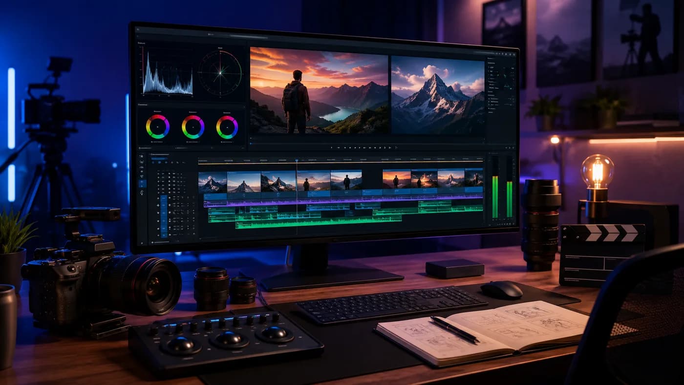 A video editing suite with colour-grading tools and a camera on the desk