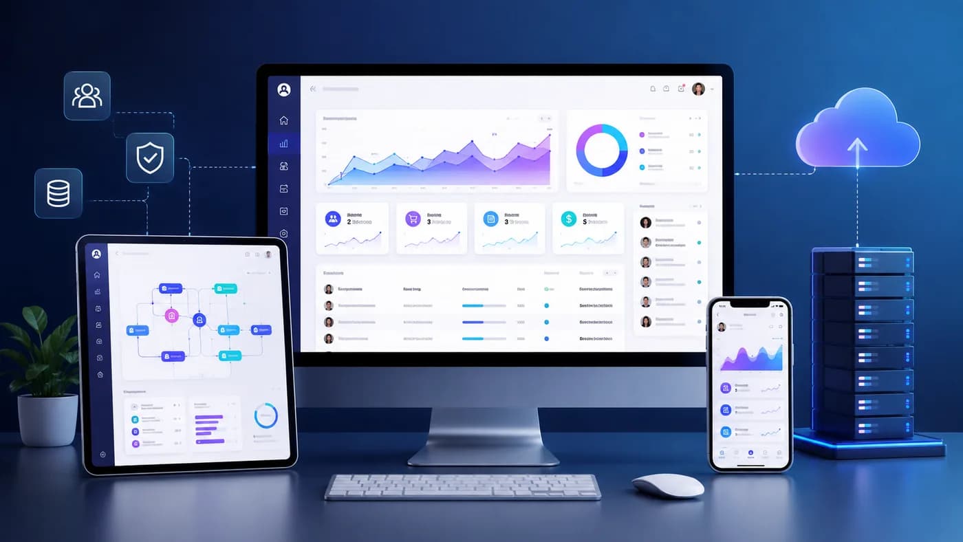 An analytics dashboard shown across a desktop, tablet, and phone