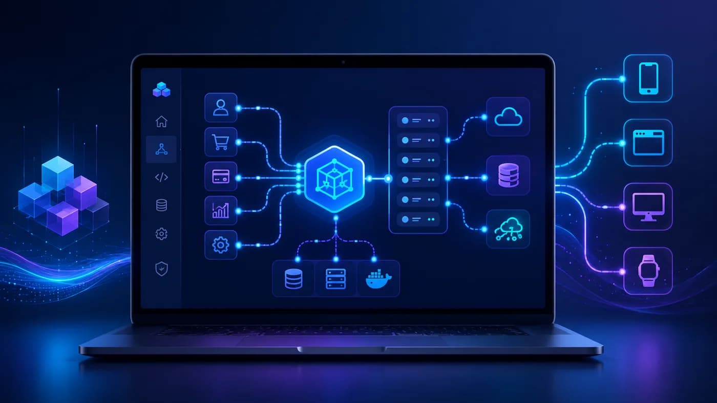 A laptop showing an application architecture diagram connected to cloud, database, and device services