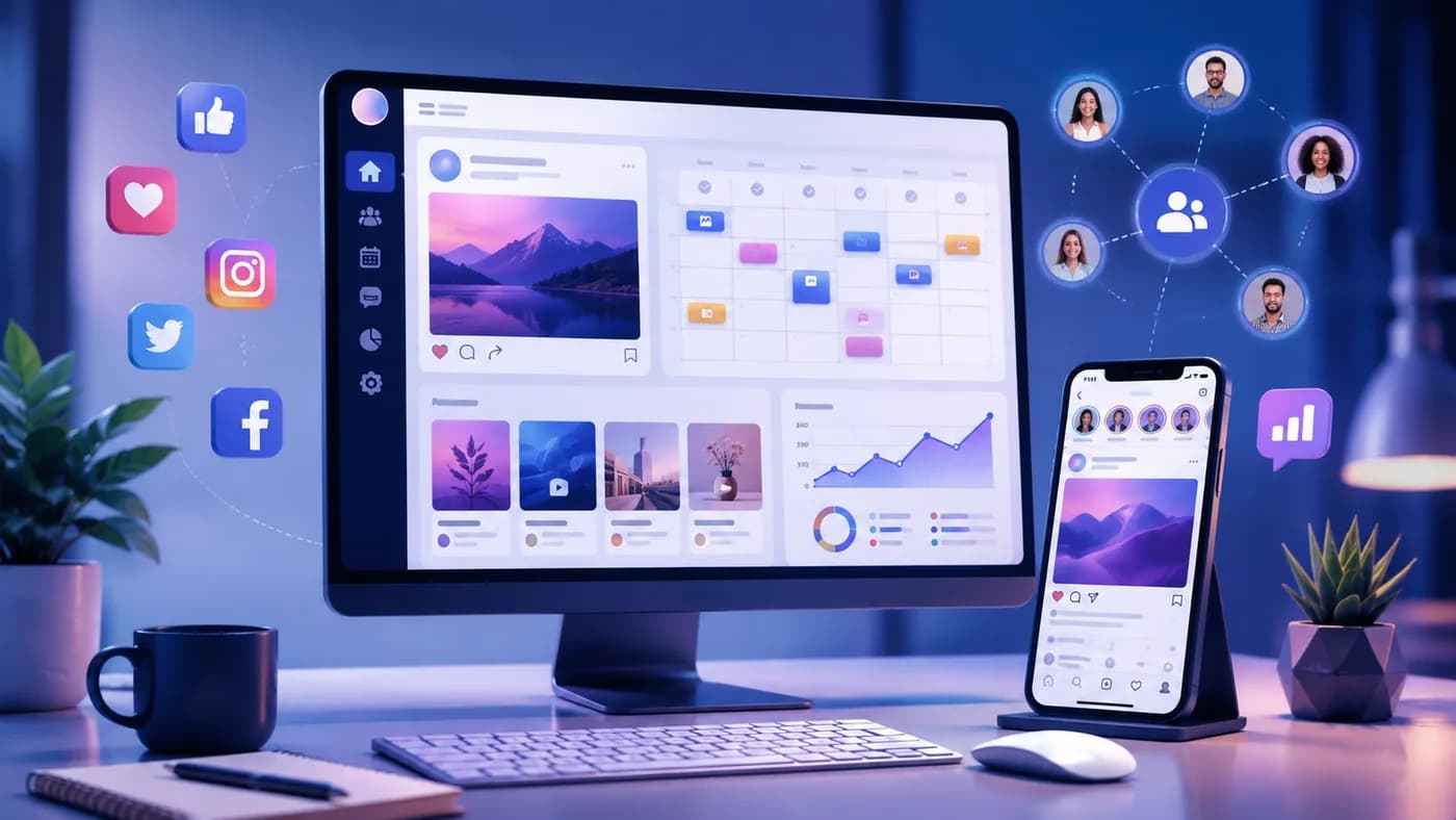A social media management dashboard with a content calendar, engagement metrics, and a phone preview