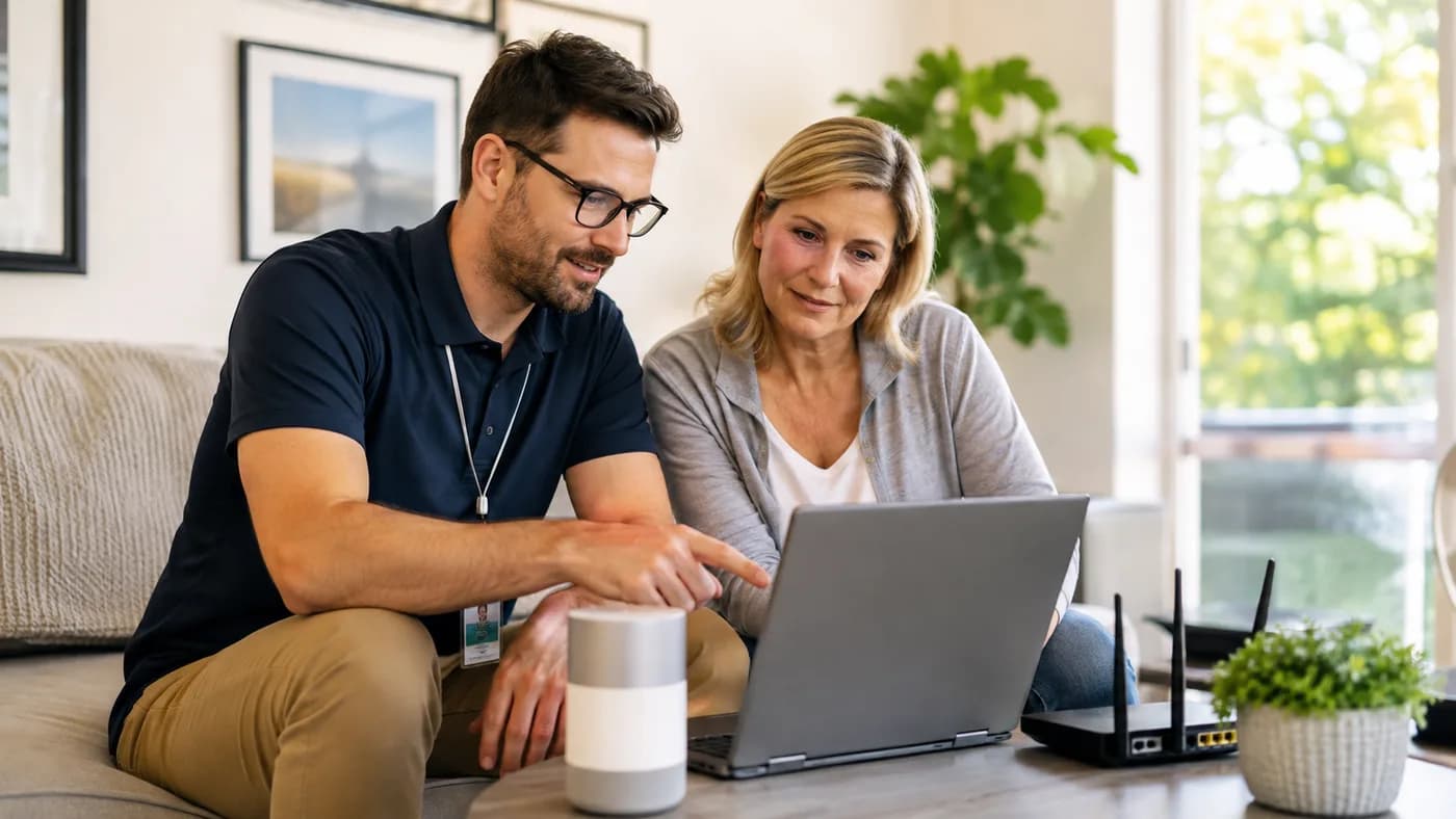 Technician sitting with a homeowner, walking her through her laptop and home network