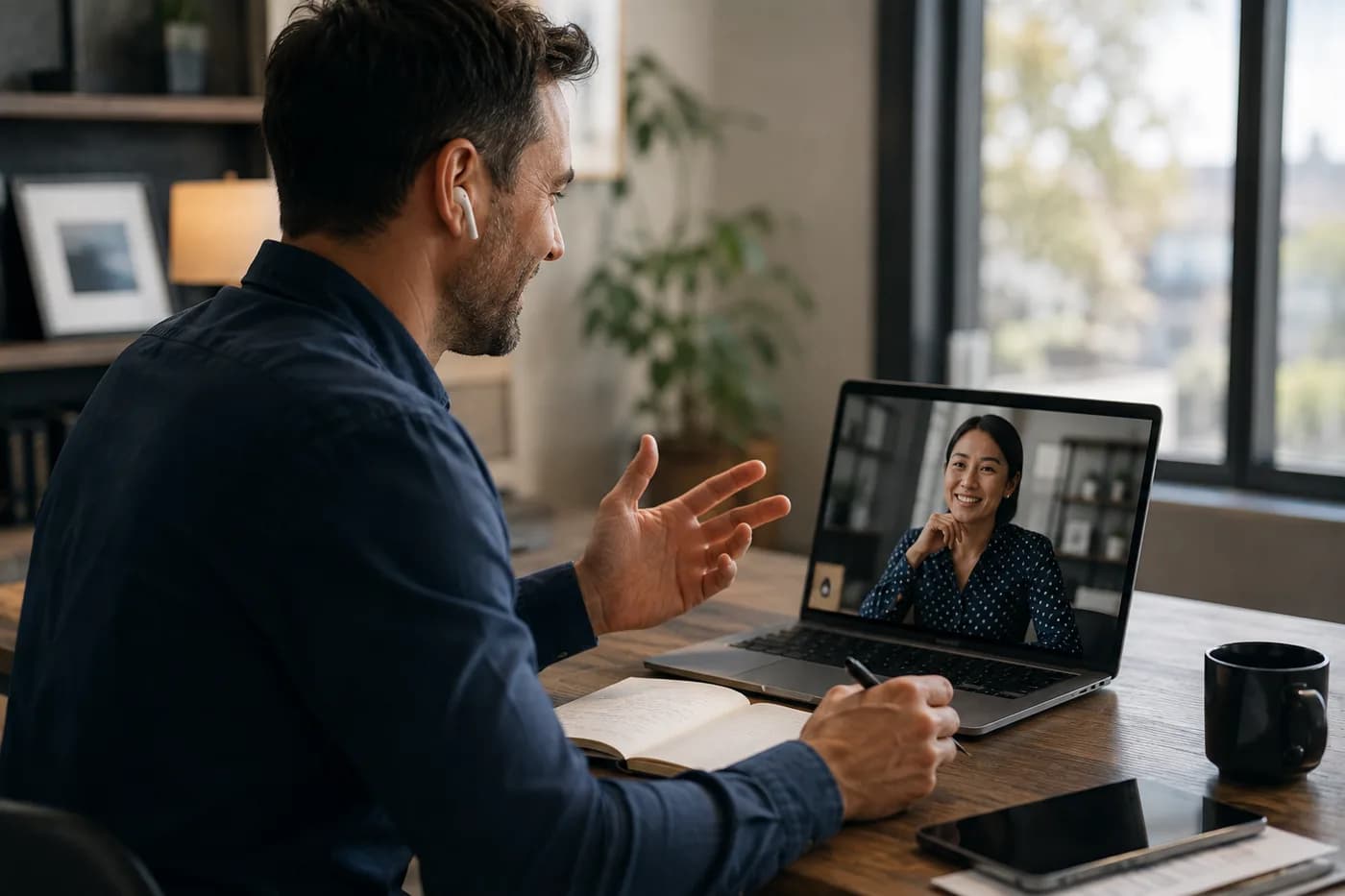 Consultant on a video call with a client from a home office desk
