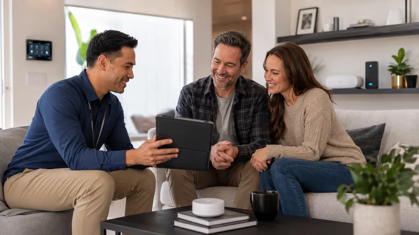 A consultant showing a tablet to a couple on their living room sofa
