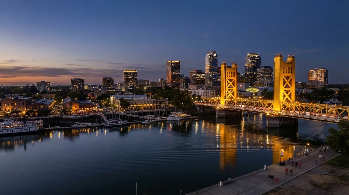 Sacramento skyline and Tower Bridge at dusk