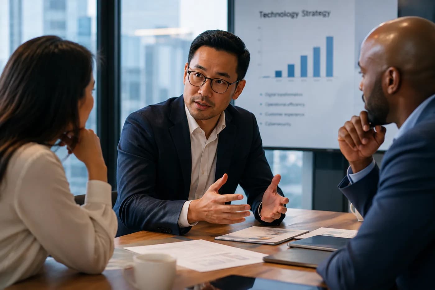 An advisor presenting a technology strategy to two executives in a boardroom
