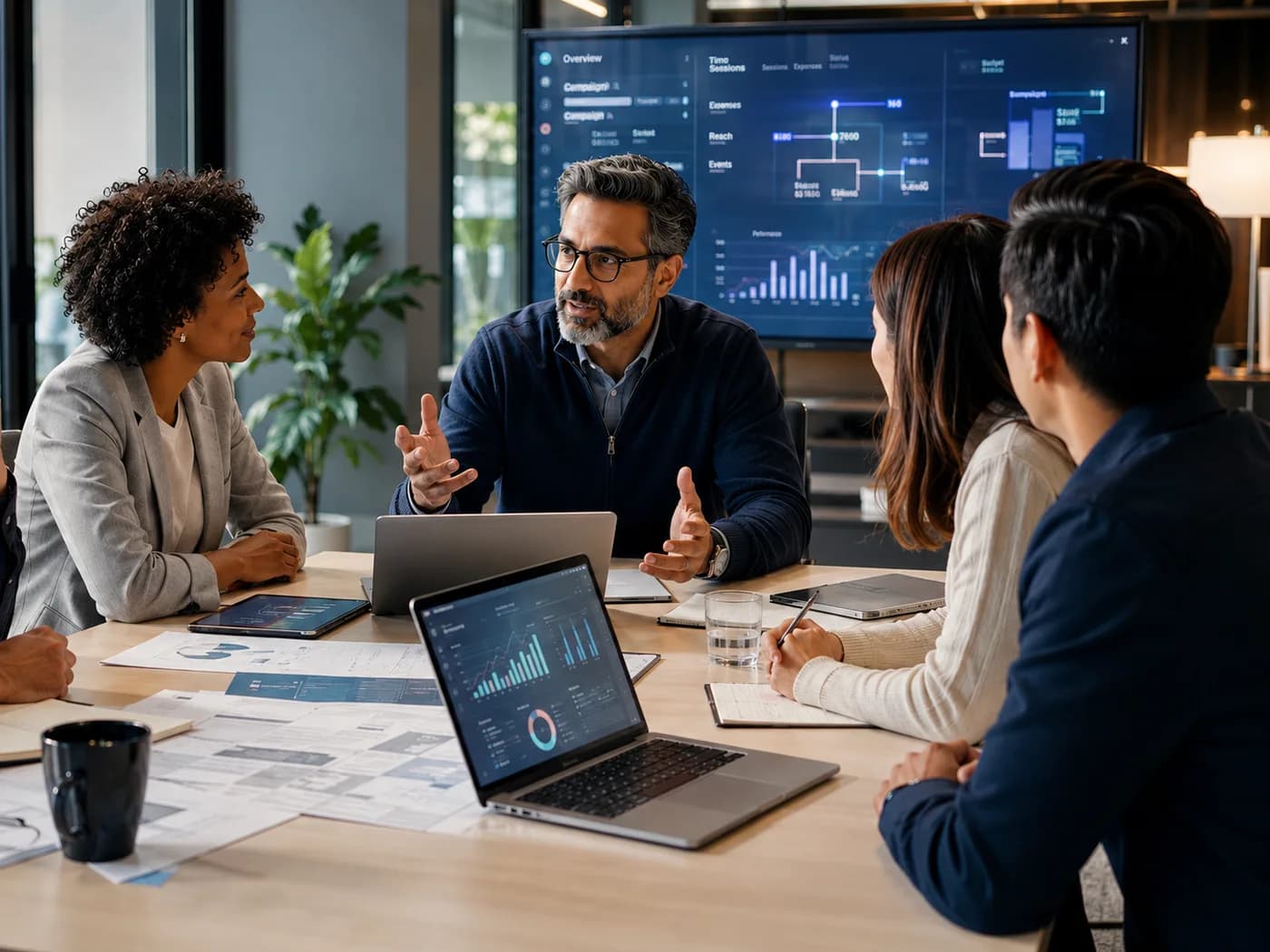 A consultant leading a team through performance dashboards in a meeting room