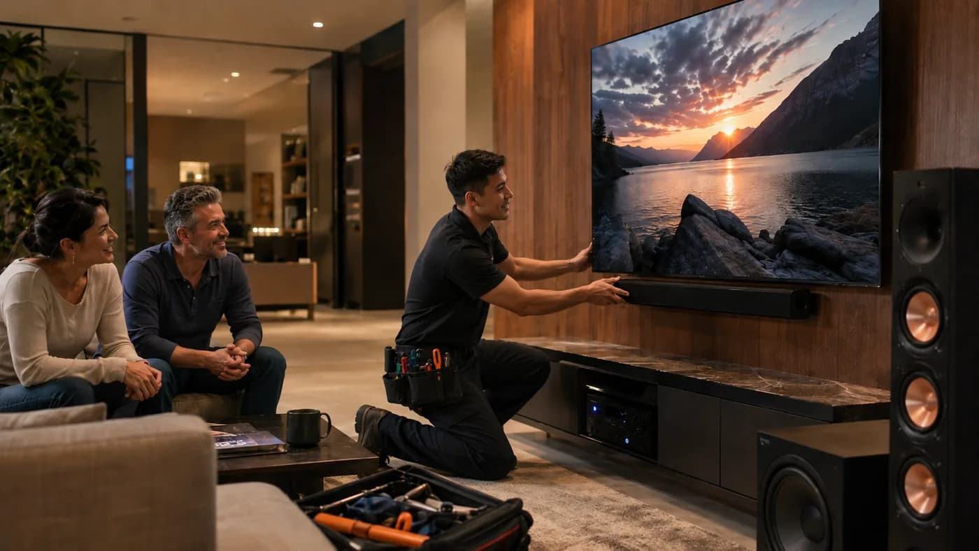 An installer mounting a large television and soundbar while a couple looks on