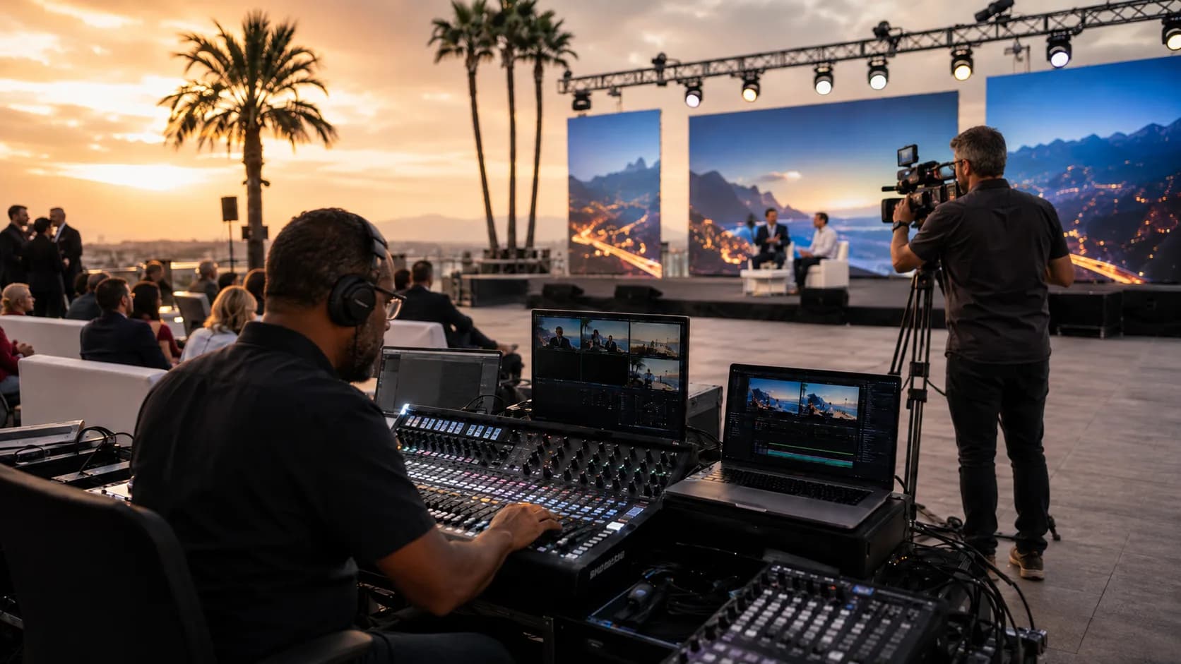 An audio engineer mixing at a rooftop event while a camera operator films the stage at sunset