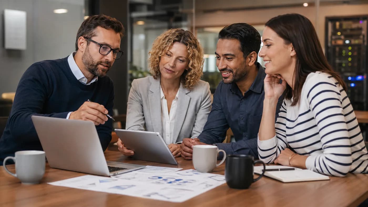 An IT consultant reviewing plans on a laptop with three colleagues around a table